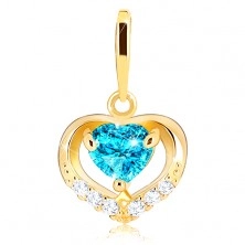 Pandantiv din aur 585 - contur zirconiu inimă, topaz albastru în formă de inimă