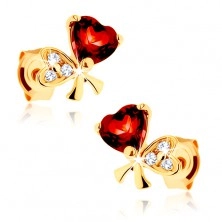 Cercei din aur 585 - fundiţă din două inimi, granat roşu, zirconii transparente
