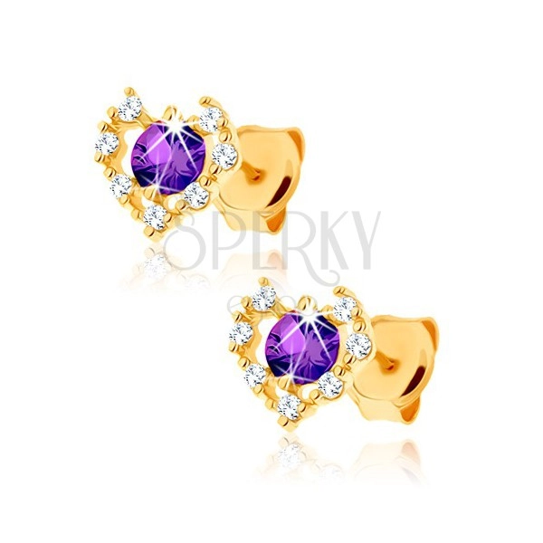 Cercei din aur 585 - contur de inimă zirconii transparente, ametist violet