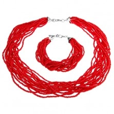 Set, brățară și colier, șnururi cu mărgeluțe, culoare roșie