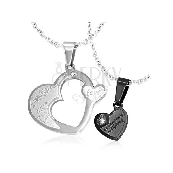 Pandantiv dublu pentru cuplu, oțel 316L - inimi argintiu cu negru, zirconii