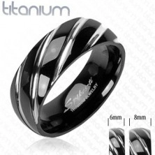 Inel realizat din titan,de culoare neagră - crestături înguste,teşite în nuanţă argintie