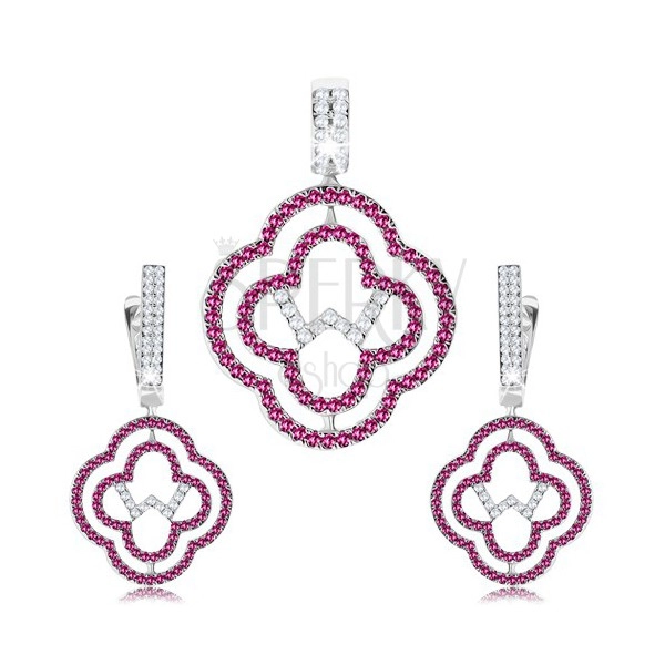 Set cercei și pandantiv, argint 925, contur flori, zirconii transparente și roz
