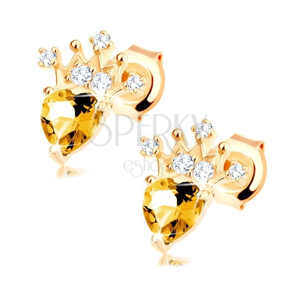 Cercei din aur 375 - coroană din zirconii, inimă din citrin galben deschis
