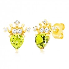 Cercei din aur 375 - olivină verde sub formă de inimă, coroană strălucitoare