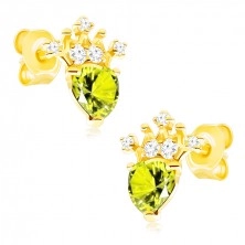 Cercei din aur 375 - olivină verde sub formă de inimă, coroană strălucitoare