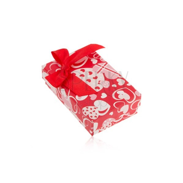 Cutie roșie de cadou pentru cercei și inel sau pandantiv, cu inimioare și fundă