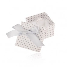 Cutie de cadou pentru inel sau cercei, suprafață albă, buline și fundă gri