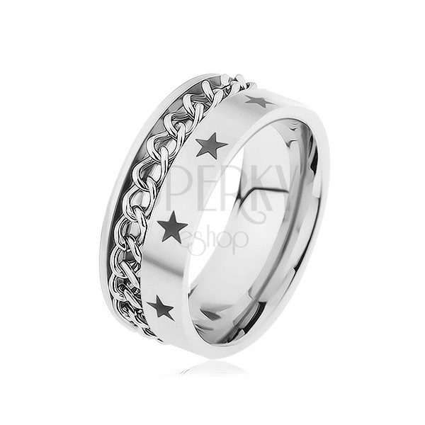 Inel din oțel argintiu decorat cu lanț și stele