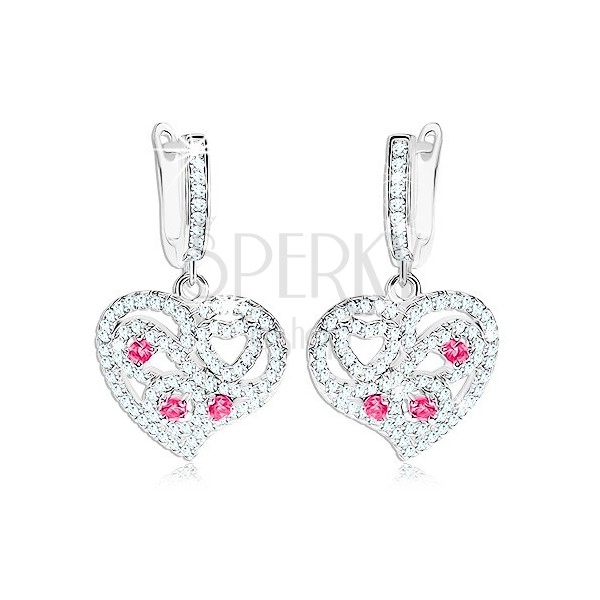 Cercei din argint 925, inimă decorată cu zirconii transparente și roz
