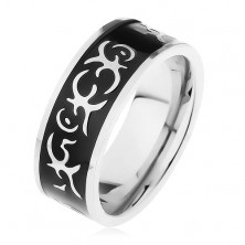 Inel din oțel argintiu, fâșie lucioasă neagră decorată cu model tribal