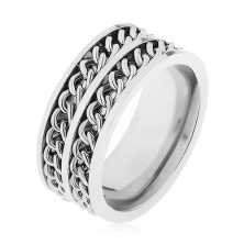 Inel din oțel 316L, argintiu, două lanțuri decorative, foarte lucioase