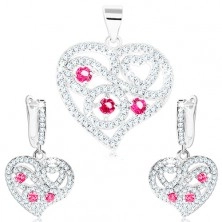 Set - cercei și pandantiv din argint 925, inimă transparentă, spirale, zirconii roz