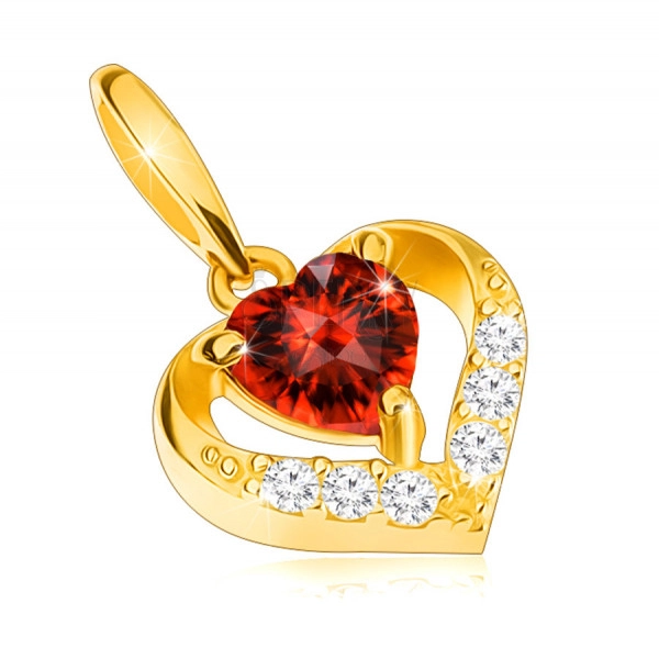 Pandantiv din aur 375 - contur inimă cu zirconii, rubin roșu sub formă de inimă