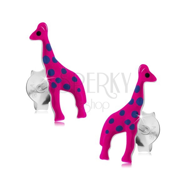 Cercei din argint 925, girafă roz neon cu buline albastre, smalț
