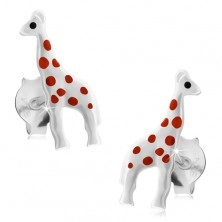 Cercei din argint 925, girafă lucioasă albă cu buline roșii, șuruburi