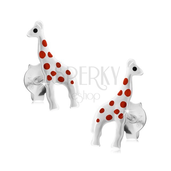 Cercei din argint 925, girafă lucioasă albă cu buline roșii, șuruburi