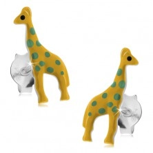 Cercei cu șurub, argint 925, girafă galbenă cu buline verzi