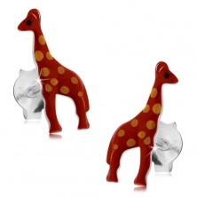 Cercei din argint 925, girafă roșie lucioasă cu buline portocalii, cu smalț