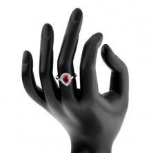 Inel din argint 925, lacrimă din zirconiu roșu rubin, margine strălucitoare transparentă