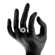 Inel din argint 925 placat cu rodiu, zirconiu albastru rotund - formă de soare, margine dublă transparentă