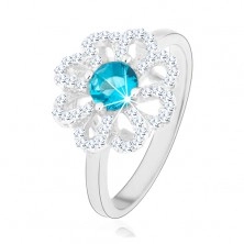 Inel strălucitor, argint 925, floare din zirconiu - petale transparente, centru albastru deschis