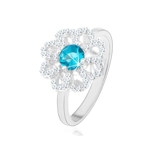Inel strălucitor, argint 925, floare din zirconiu - petale transparente, centru albastru deschis