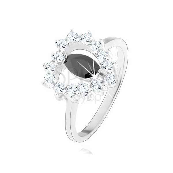 Inel din argint 925, zirconiu negru - formă de bob, contur inimă, zirconii transparente