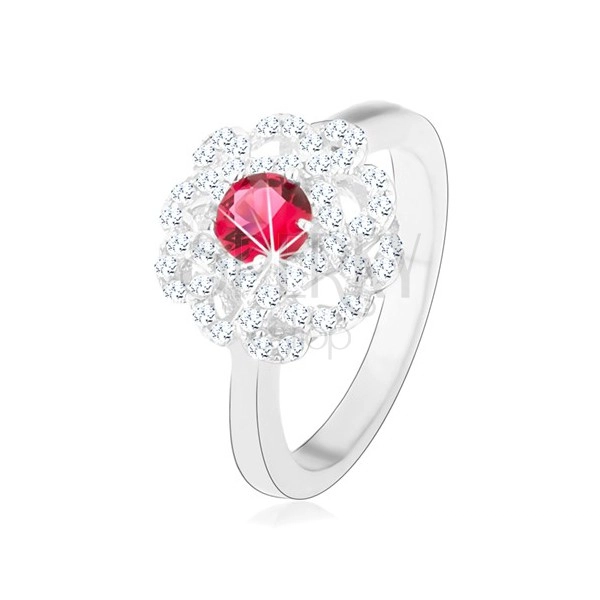 Inel realizat din argint  925, floare cu zirconiu roz închis și linii ondulate