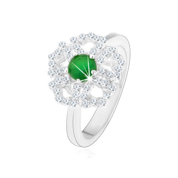 Inel realizat din argint 925, floare strălucitoare, contururi de petale transparente, centru verde