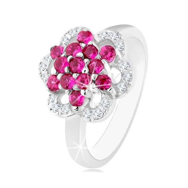 Inel strălucitor din argint 925, brațe lucioase, floare din zirconii roz și transparente