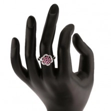 Inel strălucitor din argint 925, brațe lucioase, floare din zirconii roz și transparente