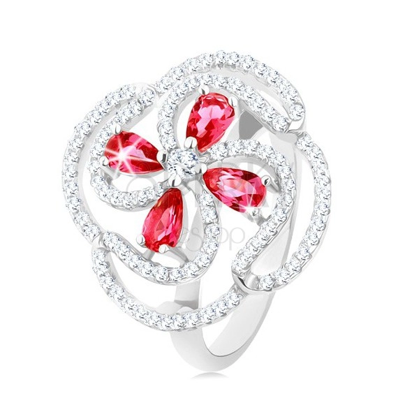 Inel din argint 925, floare convexă realizată din lacrimi din zirconiu roz și linii transparente
