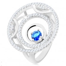 Inel realizat din argint 925, trei cercuri, linii lucioase și strălucitoare, zirconiu albastru rotund