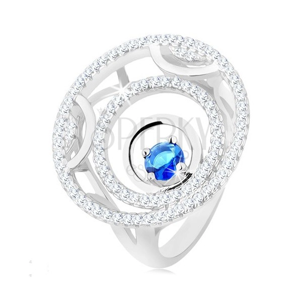 Inel realizat din argint 925, trei cercuri, linii lucioase și strălucitoare, zirconiu albastru rotund