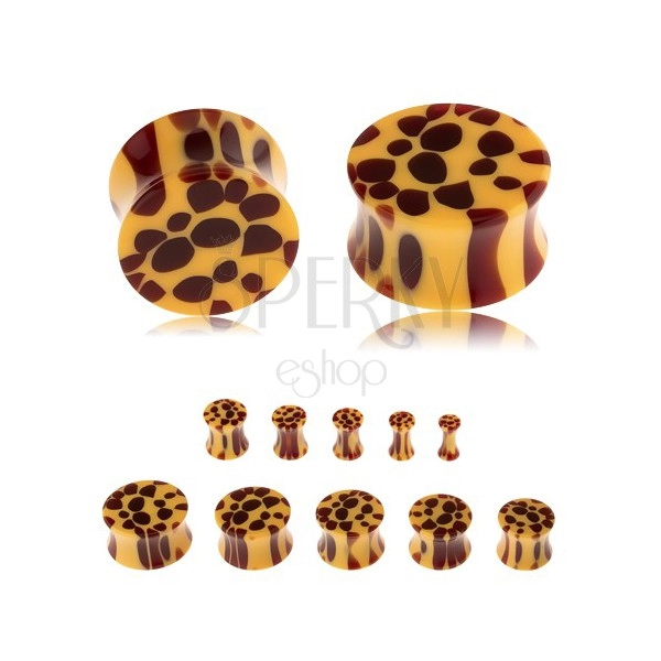 Plug acrilic de ureche, sub formă de şa, pete maro - print leopard