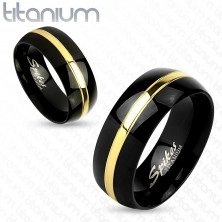 Inel din titan în două culori, supraață neagră rotunjită, fâșie aurie, 6 mm