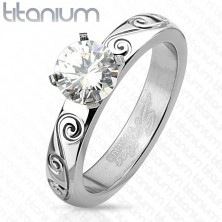 Inel din titan argintiu, zirconiu rotund transparent, brațe decorative