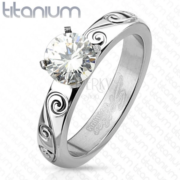 Inel din titan argintiu, zirconiu rotund transparent, brațe decorative