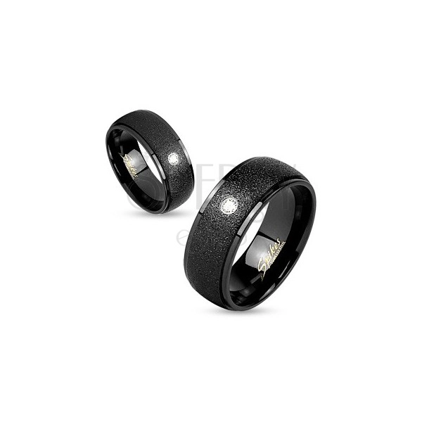 Inel negru, oțel 316L, suprafață strălucitoare, zirconiu mic transparent, 8 mm