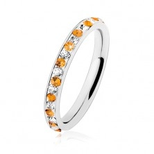 Inel din oțel argintiu, zirconii transparente și portocalii, smalț alb