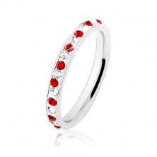Inel din oțel argintiu, zirconii transparente și roșii, smalț alb