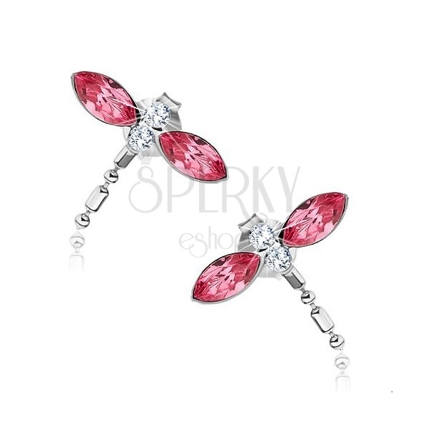 Cercei din argint 925, libelulă, aripi roz realizate din cristale Swarovski, coadă care atârnă
