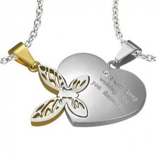 Pandantiv dublu din oțel, argintiu și auriu, inimă cu inscripție, fluture cu decupaje
