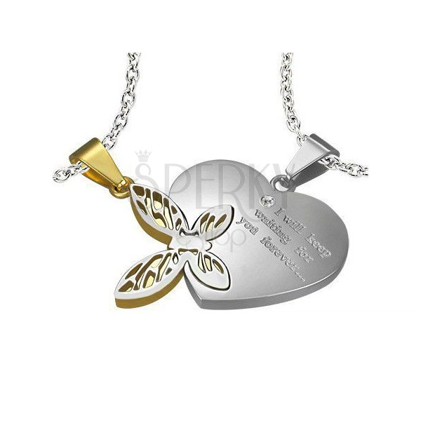 Pandantiv dublu din oțel, argintiu și auriu, inimă cu inscripție, fluture cu decupaje