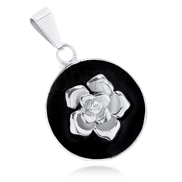 Pandantiv din oțel 316L, cerc negru mat, trandafir lucios argintiu
