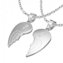 Pandantiv dublu din oțel 316L, aripi de înger, simbol femeiesc și bărbătesc, zirconii transparente
