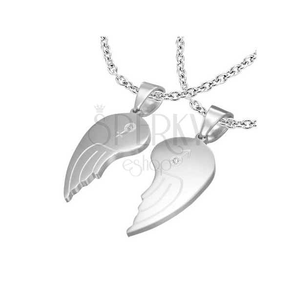 Pandantiv dublu din oțel 316L, aripi de înger, simbol femeiesc și bărbătesc, zirconii transparente