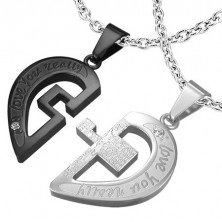 Pandantiv pentru cuplu, oțel 316L, argintiu și negru, inimă, cruce
