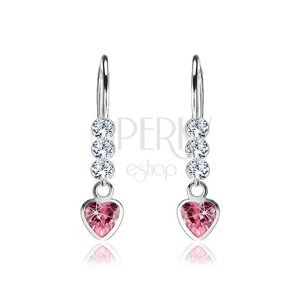 Cercei din argint 925, inimă din zirconiu roz, cristale Swarovski rotunde transparente